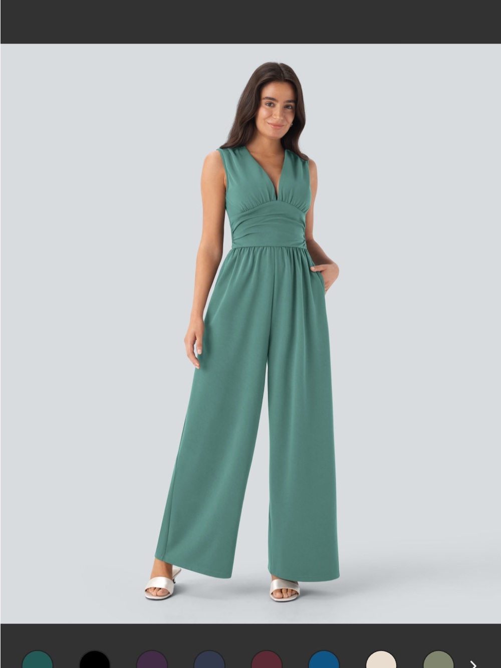 V Neck Sleeveless Ruched Side Pocket Invisible Zipper Party Jumpsuit-Easy Peez